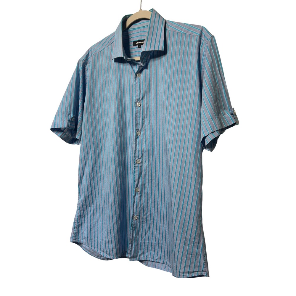 Jared Lang Stripe‎ Short Sleeve Button Down Shirt Blue Men's Size L Retail: $149
